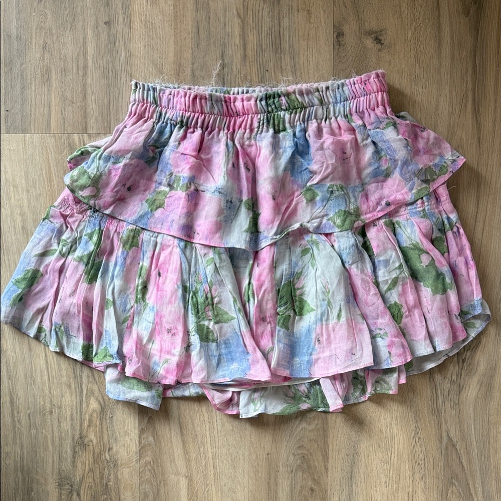 LoveShackFancy Pink and Green Floral Mini Skirt